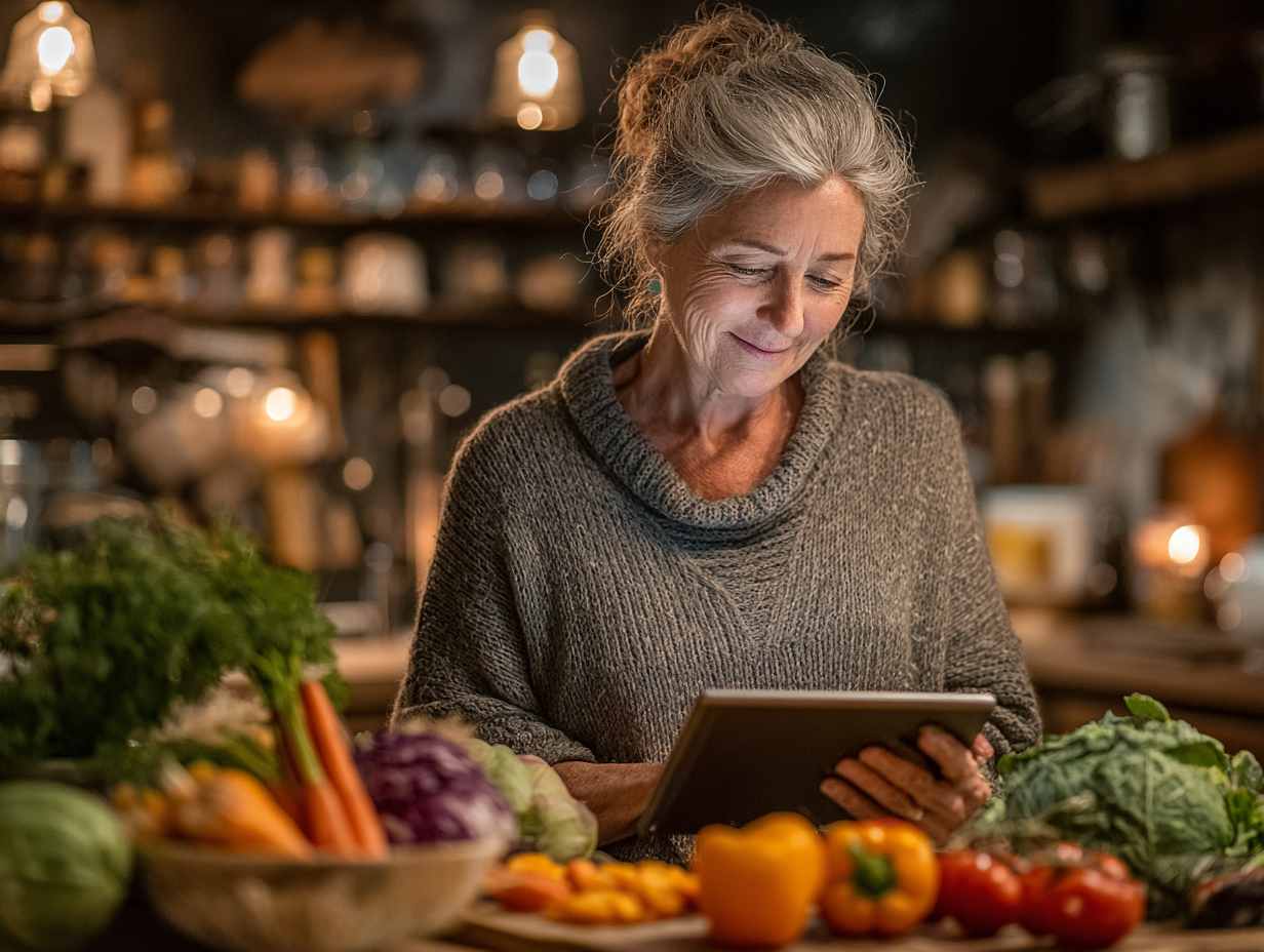 Idősebb nő egészséges ételt készít